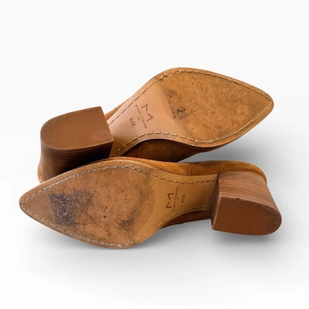 Marc‎ Fisher Gabri Camel Suede Pointed Toe Block Heel Ankle Booties Womens 9.5M